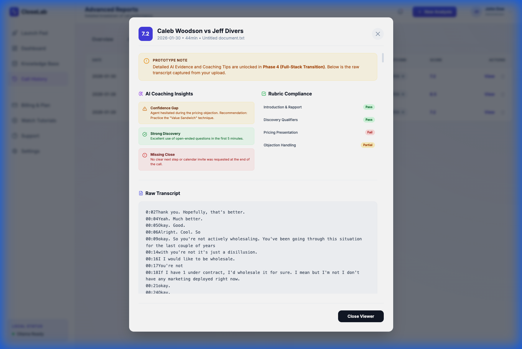 CloserLabs call analysis showing final grade, core score, sentiment, and role-based rubric breakdown