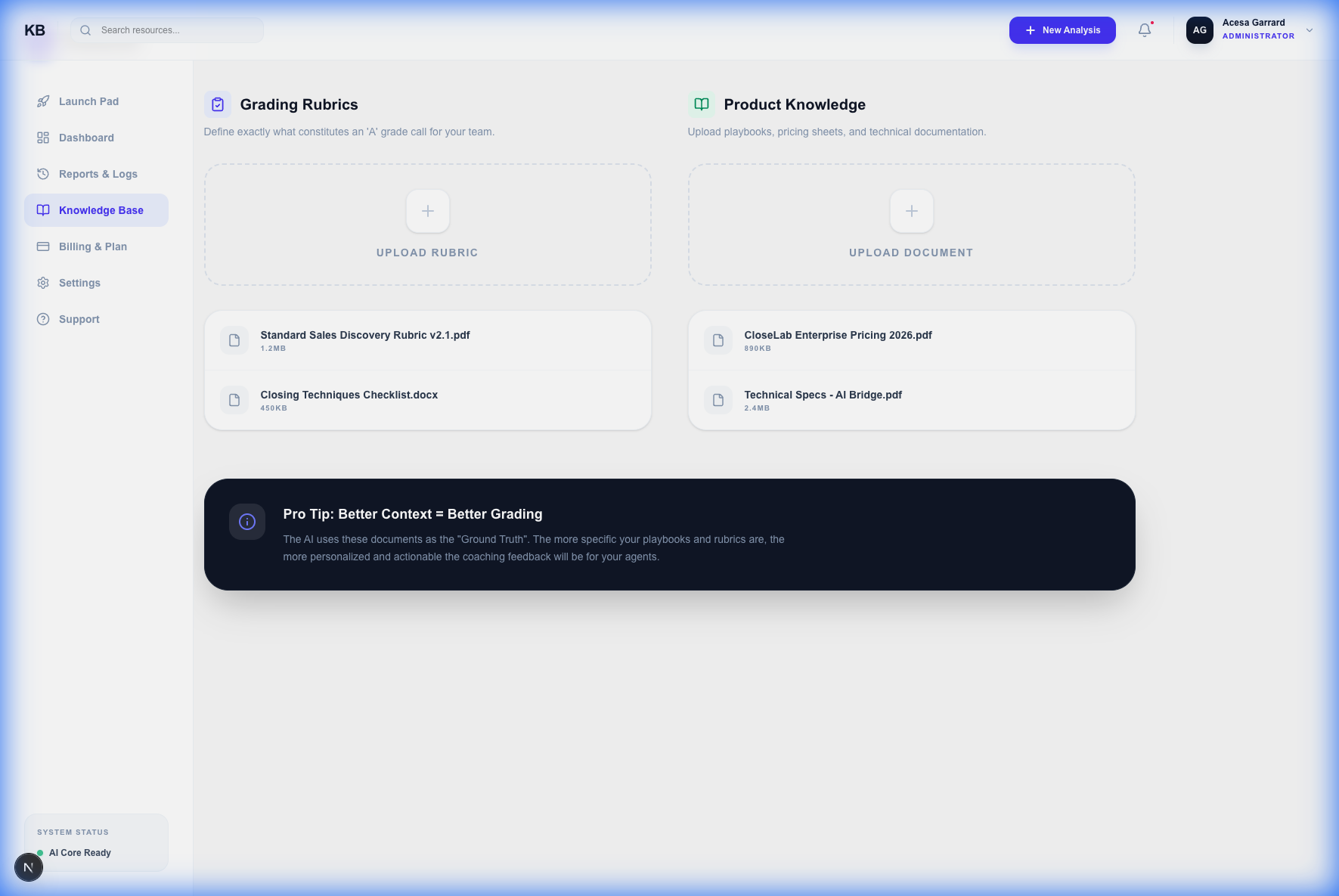 CloserLabs knowledge base showing grading rubrics upload and product knowledge documentation