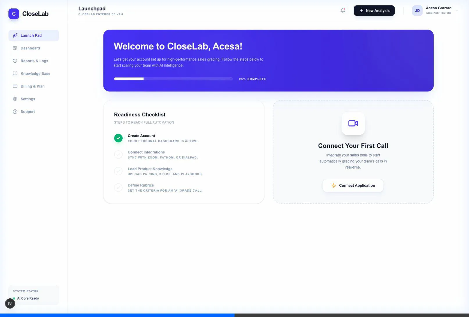 CloserLabs setup wizard with readiness checklist and integration options